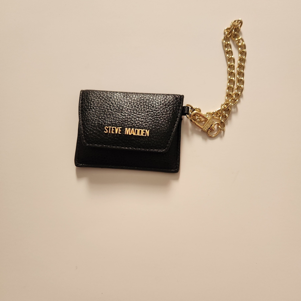 Steve Madden Black Mini Card Wallet with Gold Chain